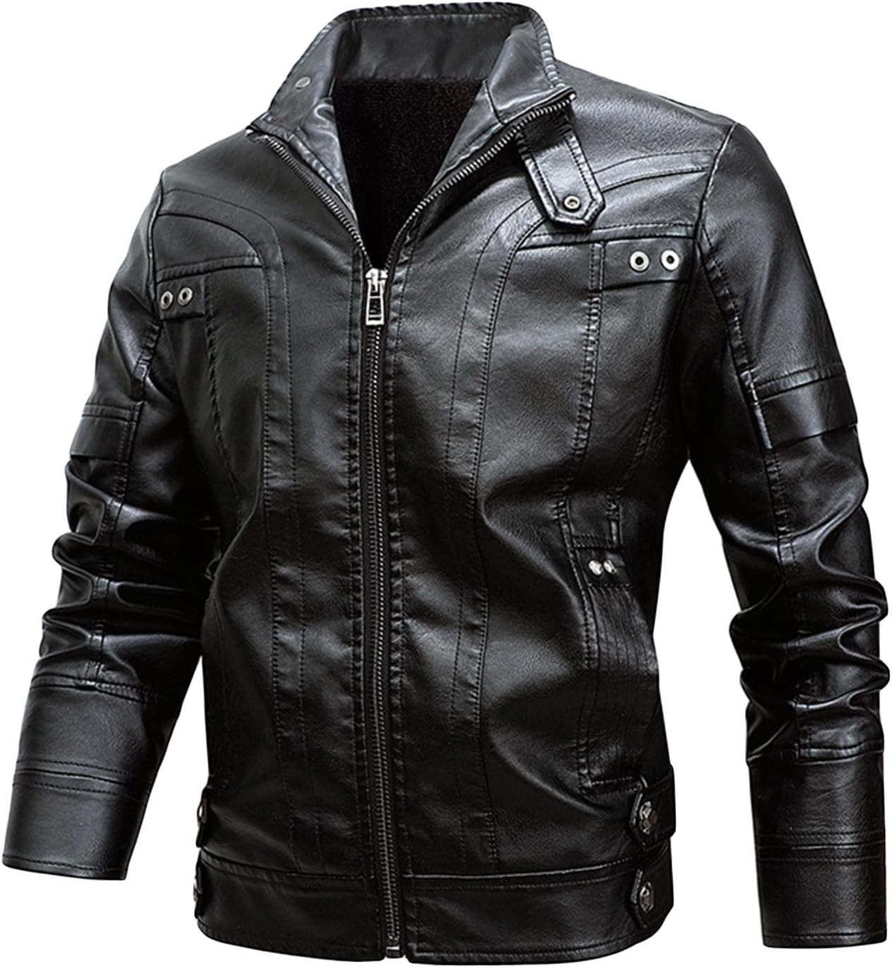 JEsilunmaMY Men's Casual Stand Collar Bomber Coat Lightweight Motorcycle Leather Jacket with Pocket Outdoor Sport Biker Coat