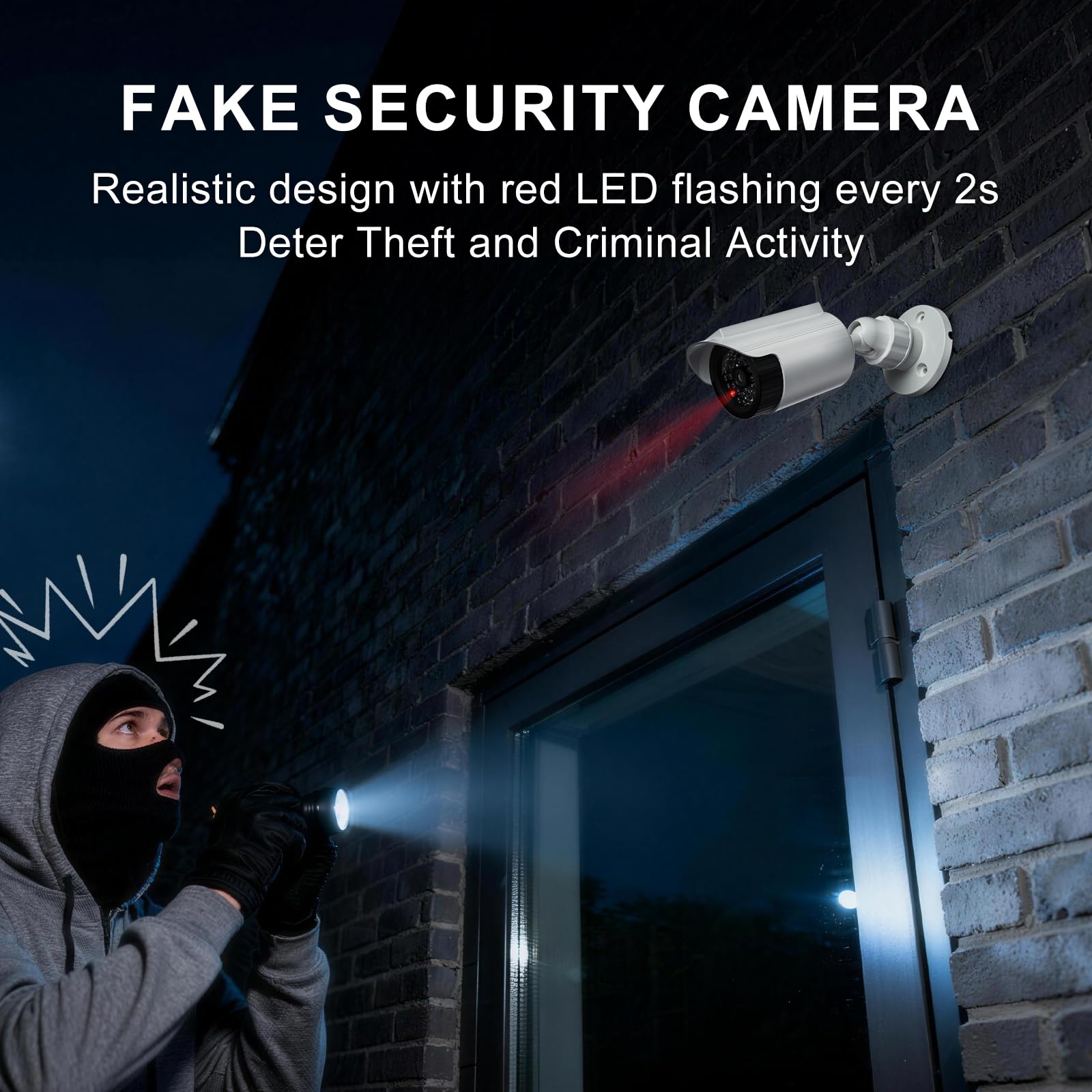 WALI Lot de 2 fausses caméras de sécurité factices à énergie solaire avec lumière LED pour intérieur et extérieur - Simulation de surveillance - Caméras dôme avec autocollant d'avertissement (SOLTC-W2