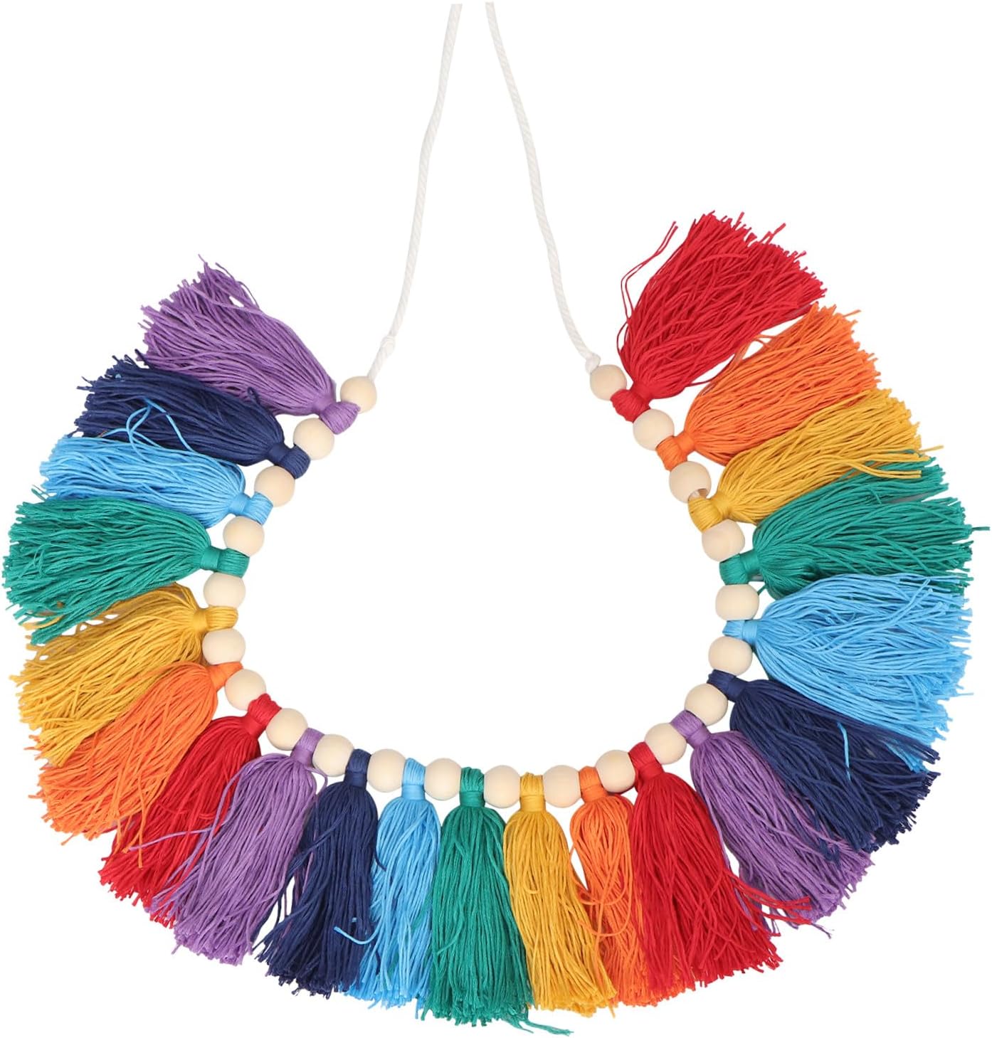 Colorful Wooden Beads Tassel Garland Wall Hanging, Handmade Cotton Yarn String Decoration for Living Room Nursery Bedroom, Boho Home Décor Accent with Tassel Rope