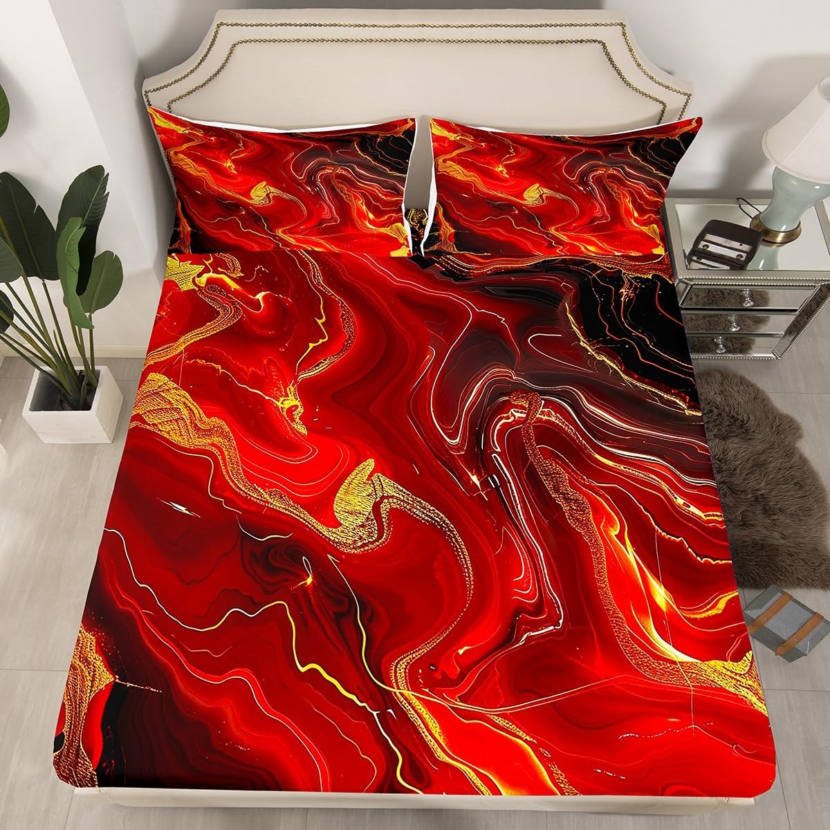 Manfei Red Marble Sheet Set Full Size, Luxurious Red Gold Marbling Bed Sheet Set 4pcs with Deep Pocket Fitted Sheet + Flat Sheet + 2 Pillowcases, Abstract Stone Texture Bedding Set for Kids Boy Girls