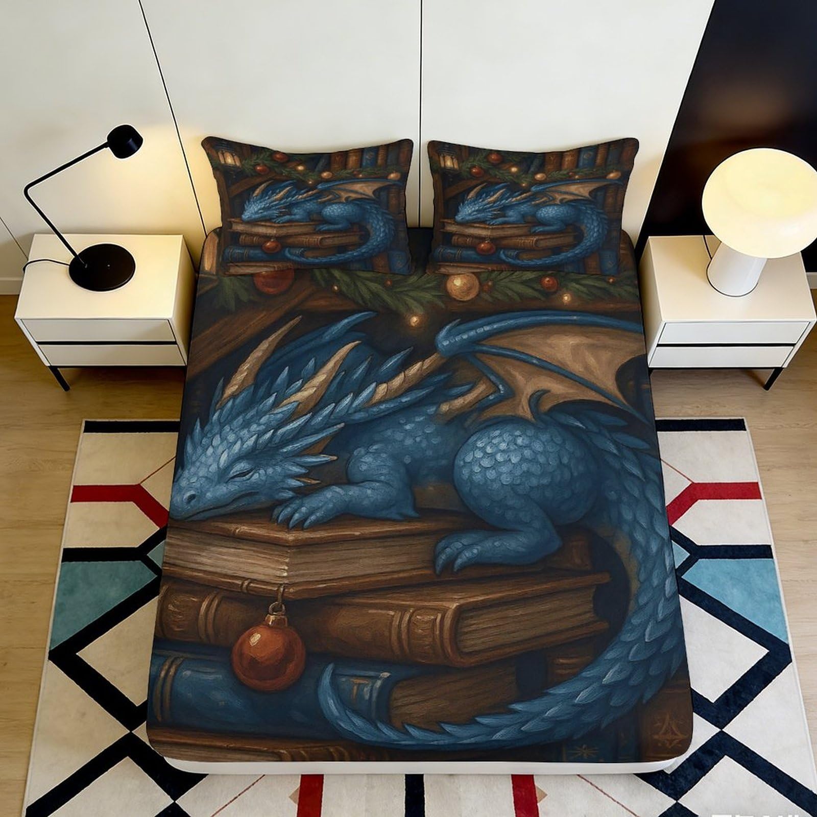 3D Printed Blue Dragon Fitted Sheet Microfiber Soft Durable Fantasy Books Mattress Cover for Bedroom Dormitory Guest Room Protection Decoration 120x200x25cm