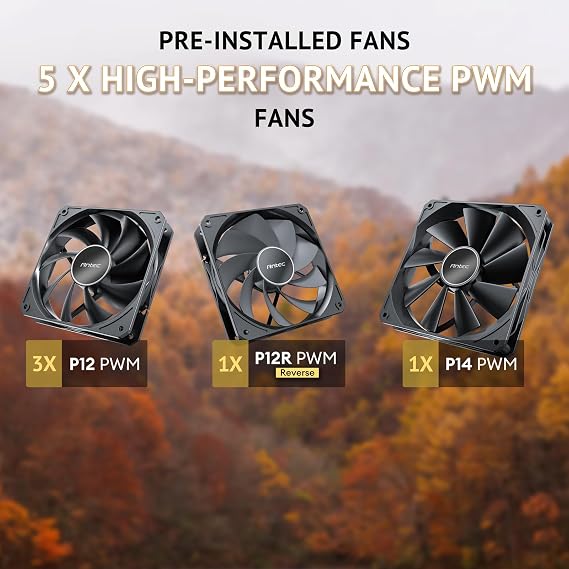 Antec Flux SE Silent PC Case, Sound-Dampening Foam Side Panels for Quiet Operation, Walnut Wood Front Panel, 5 x PWM Fans, USB Type-C, 420mm Radiator Support, Back Connect Ready, E-ATX Mid Tower Case