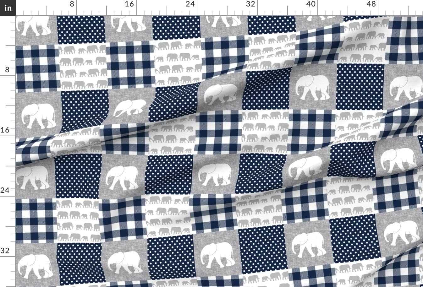 Spoonflower Fabric - Elephant Wholecloth Cheater Quilt Top Plaid Polka Dots Navy Patchwork Printed on Upholstery Velvet Fabric by The Yard - Upholstery Home Decor Bottomweight Apparel