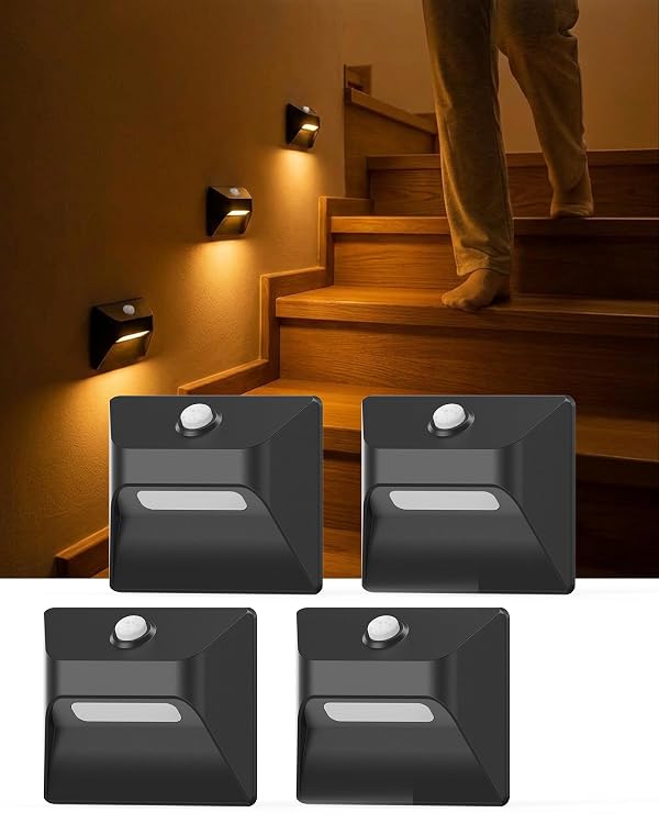 DANCINGBOAR 4 Pack 2200mAh Rechargeable Stair Lights Indoor, Step Lights Indoor with Magnetic Mount, Stick-On Motion Sensor Lights for Stairs Hallway Bedroom Kitchen Bathroom Closet Cabinet (Black) by DANCINGBOAR - Used condition - US$21.65