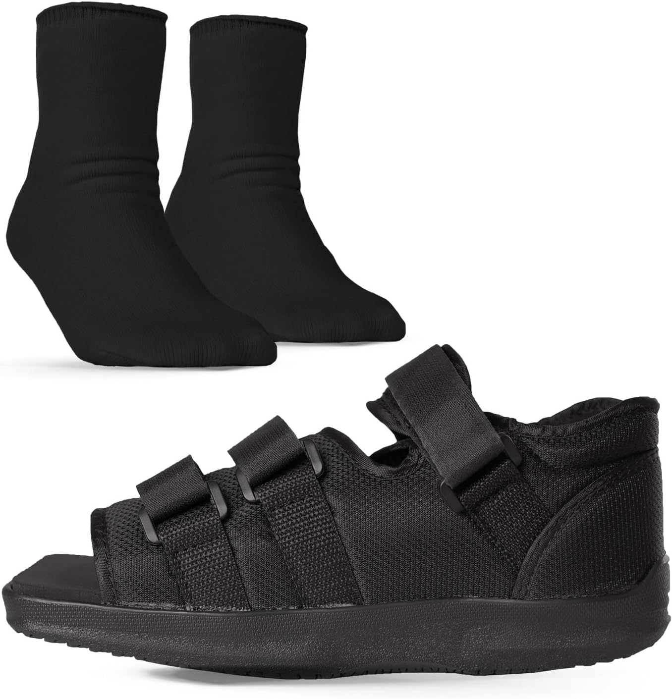 BraceAbility Post Op Shoe + Short Walking Boot Liner Socks Bundle - Orthopedic Foot Brace and Replacement Liners for Fractures, Broken Toe Recovery - Women’s 11-12, Men’s 10-11.5 (1 Pair Black)