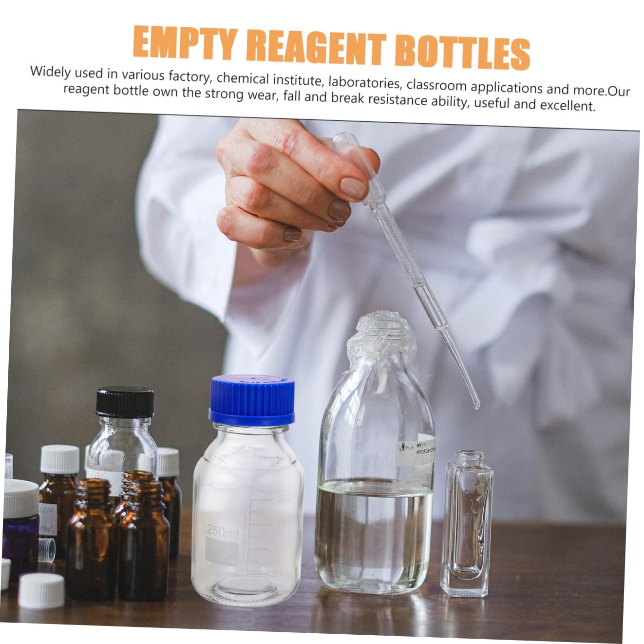GALPADA 4 Pezzi Bottiglia di Reagente in Vetro Trasparente Graduata 250 Ml con Tappo a Vite Blu, Flaconi per Stoccaggio Sicuro Laboratorio e Uso Industriale