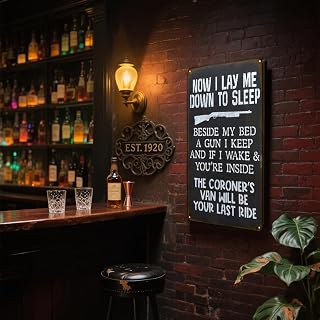 1PC Vintage Rustic Metal Sign - 'Now I Lay Me Down to Sleep' Gun Prayer with Distressed Finish - Americana Wall Decor for Man Cave, Black, 30X15cm