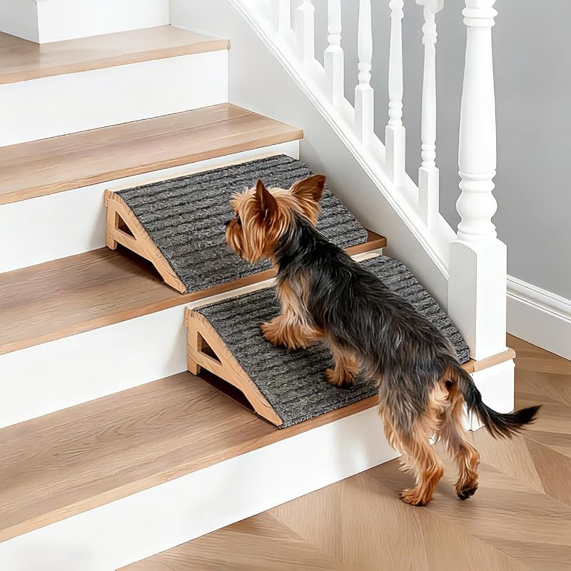 2-in-1 Wooden Dog Stairs, 2-Pack Slope for Low-Rider & Small Dogs | 4.2"H, Folds Flat for Storage, Low-Angle Protects Joints, Anti-Slip, Natural Solid Wood, Supports 170 lbs, No Assembly