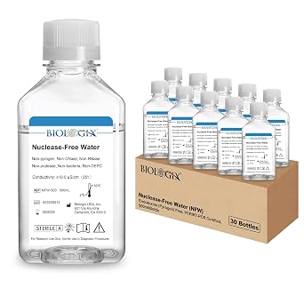 Ultra Pure Water, Nuclease Free Water, DNase/RNase Free, Protease, Endotoxins Pyrogen Free, PCR/RT-PCR Certified, for Molecular Biology, PCR, Cell Rinse, 500ml/Bottle, 30 Bottles/Case