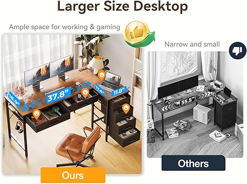 Miniatura 4 de Coleshome Escritorio en forma de L de 50 pulgadas con cajones, escritorio de computadora con tomas de corriente, escritorio de oficina en casa con 6