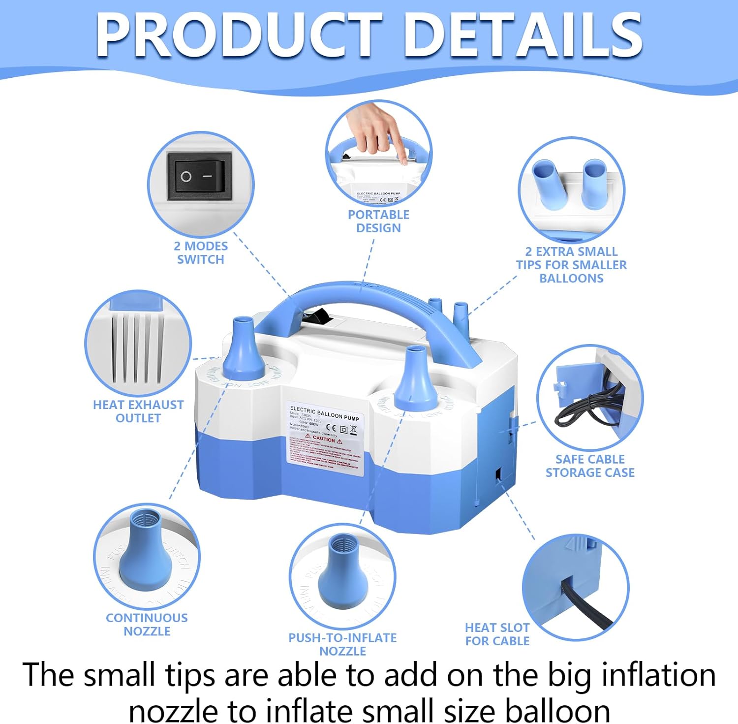 sinbee balloon pump, balloon pump electric, portable dual nozzle electric blower air pump inflator for party decoration. faster and save time blue