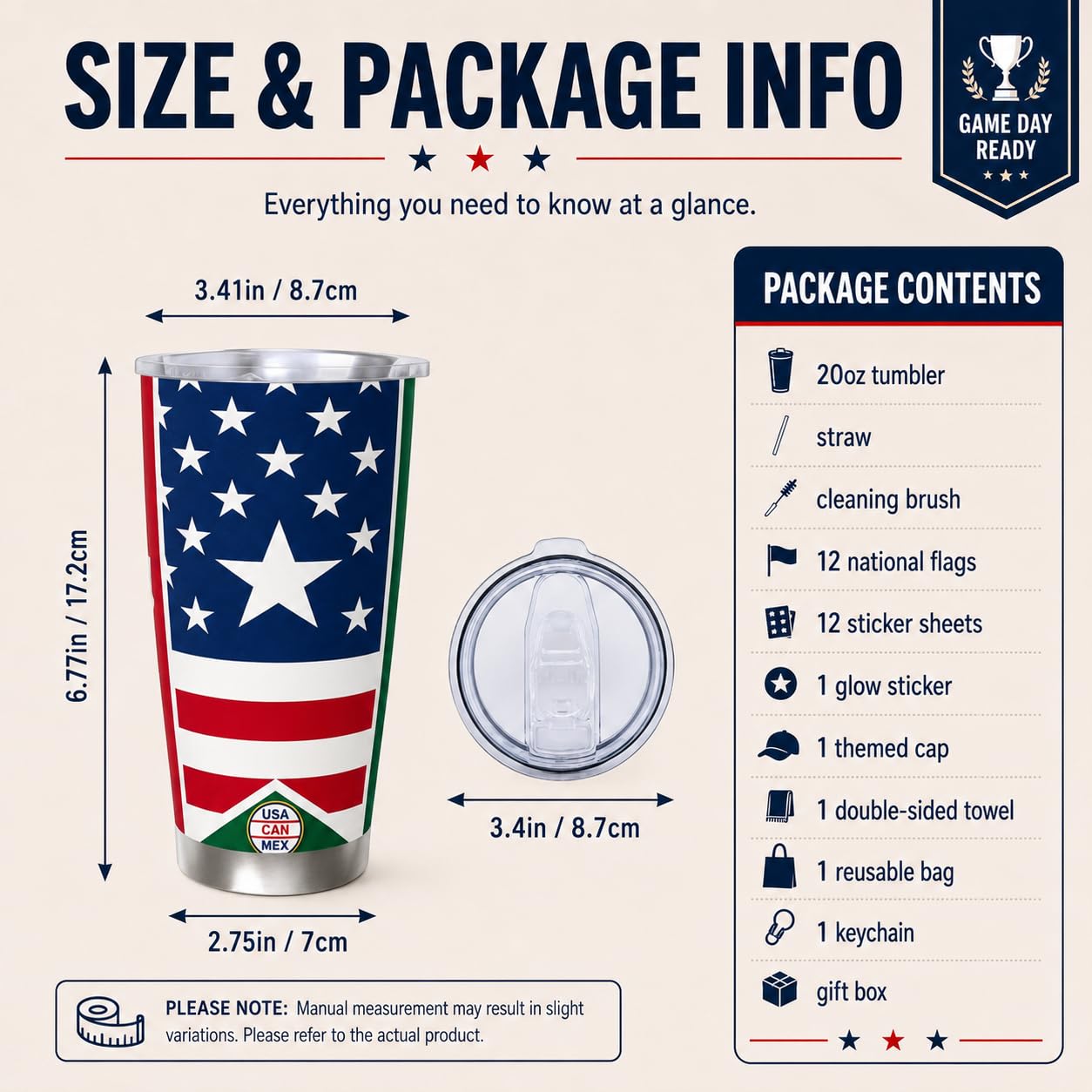 Kit per fan della Coppa del Mondo di calcio 2026, confezione da 30 pezzi, set di accessori premium con 12 bandiere nazionali, 13 adesivi a tema, berretto, bicchiere, asciugamano, portachiavi e borsa