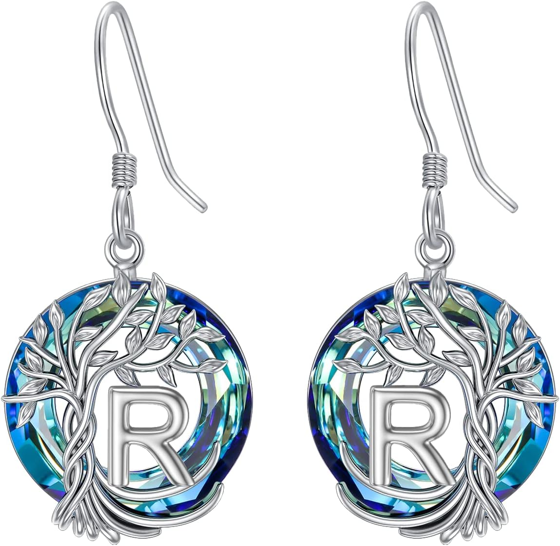 TOUPOP Mother's Day Gifts for Mom Tree of Life Earrings with A-Z Initial Letter 925 Sterling Silver Hooks Drop Earrings Tree Dangle Earrings with Circle Crystal Birthday Jewelry Gifts for Women Girls Friends