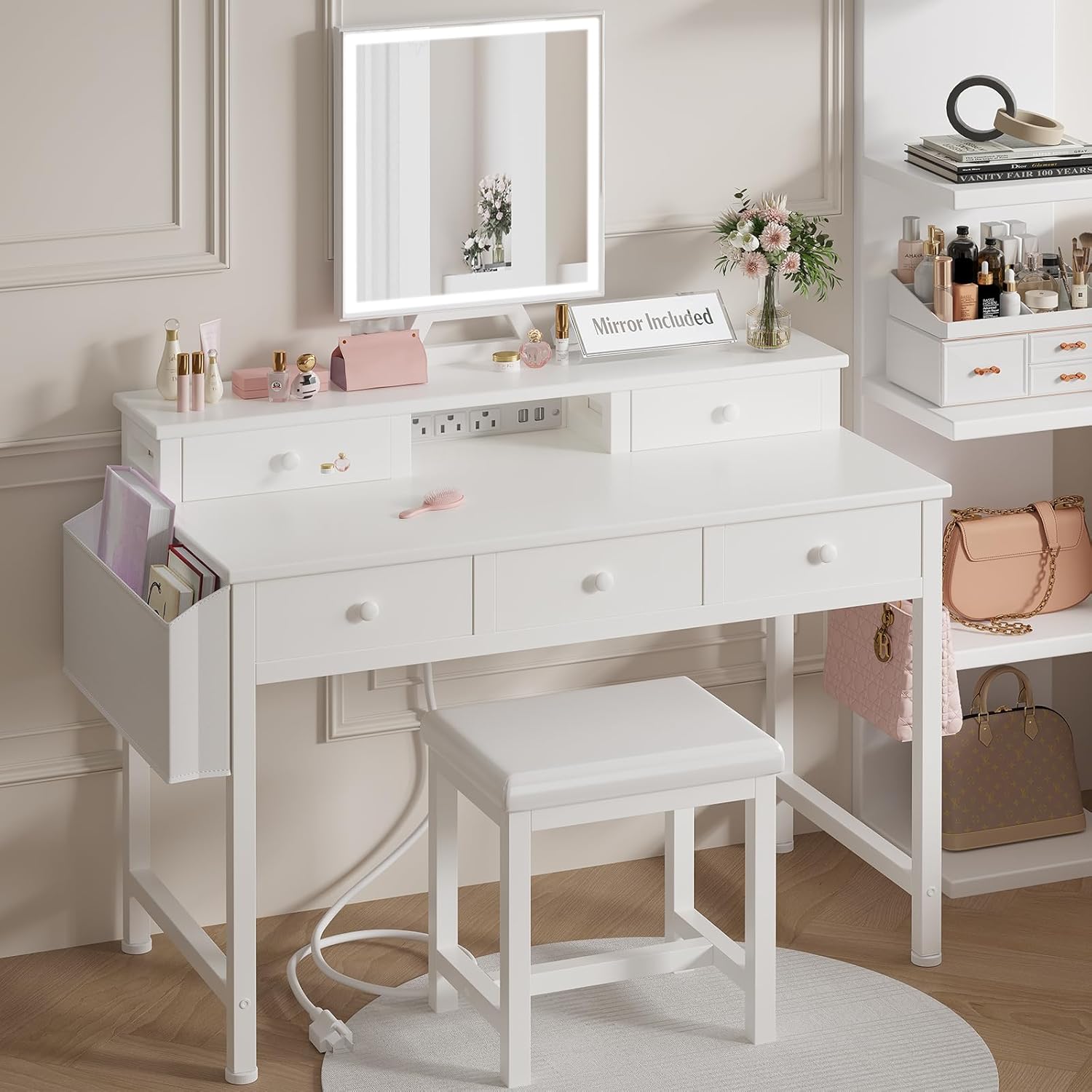 white makeup vanity desk with mirror and lights, 40 inch girls vanity set with chair, make up dresser table with drawers and power outlet for bedroom small space white 40" with mirror