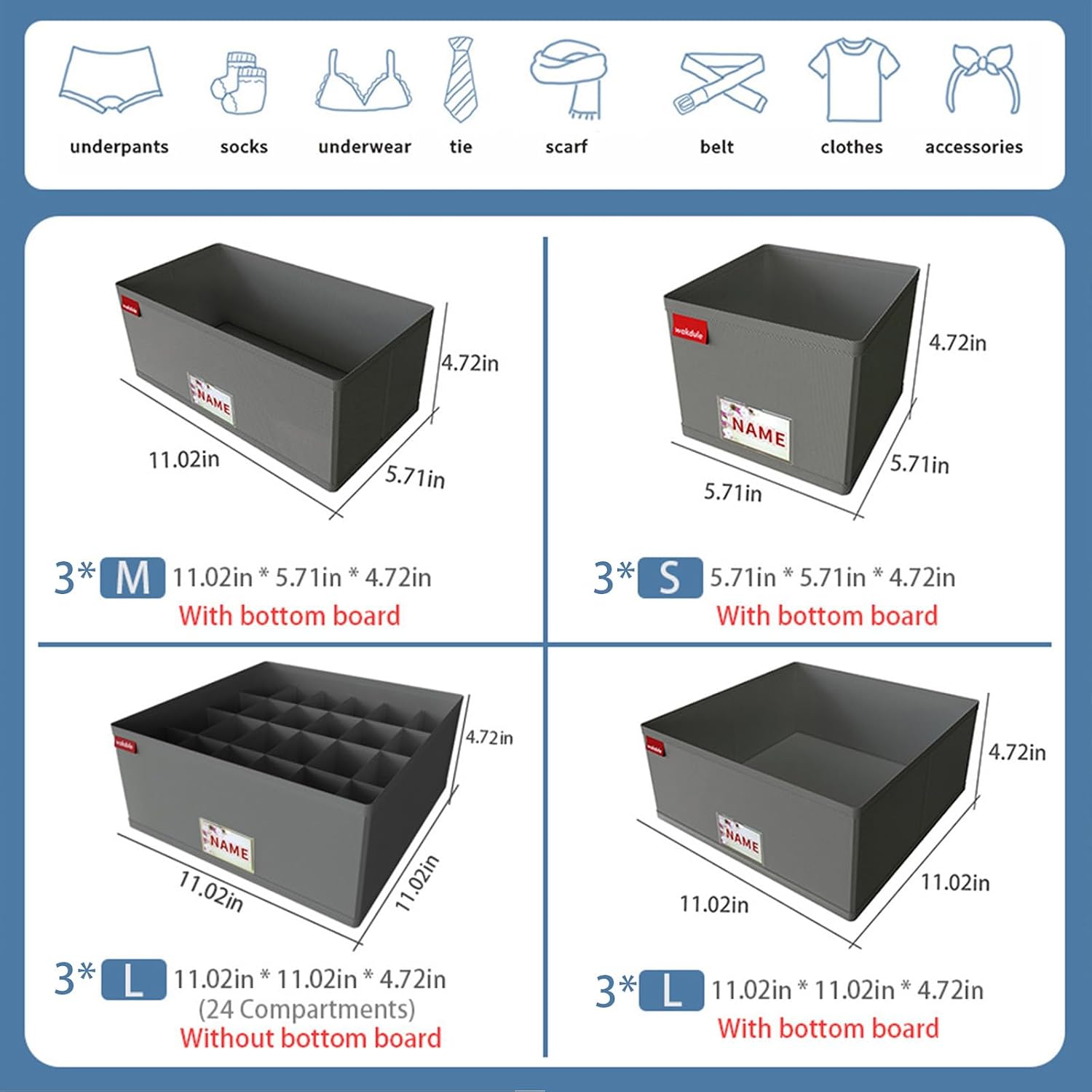 Folding drawer-style storage box designed for organizing clothes, socks, bras, and handkerchiefs, featuring reinforced bottom panels and a signature area (dark gray, 12pcs/set)