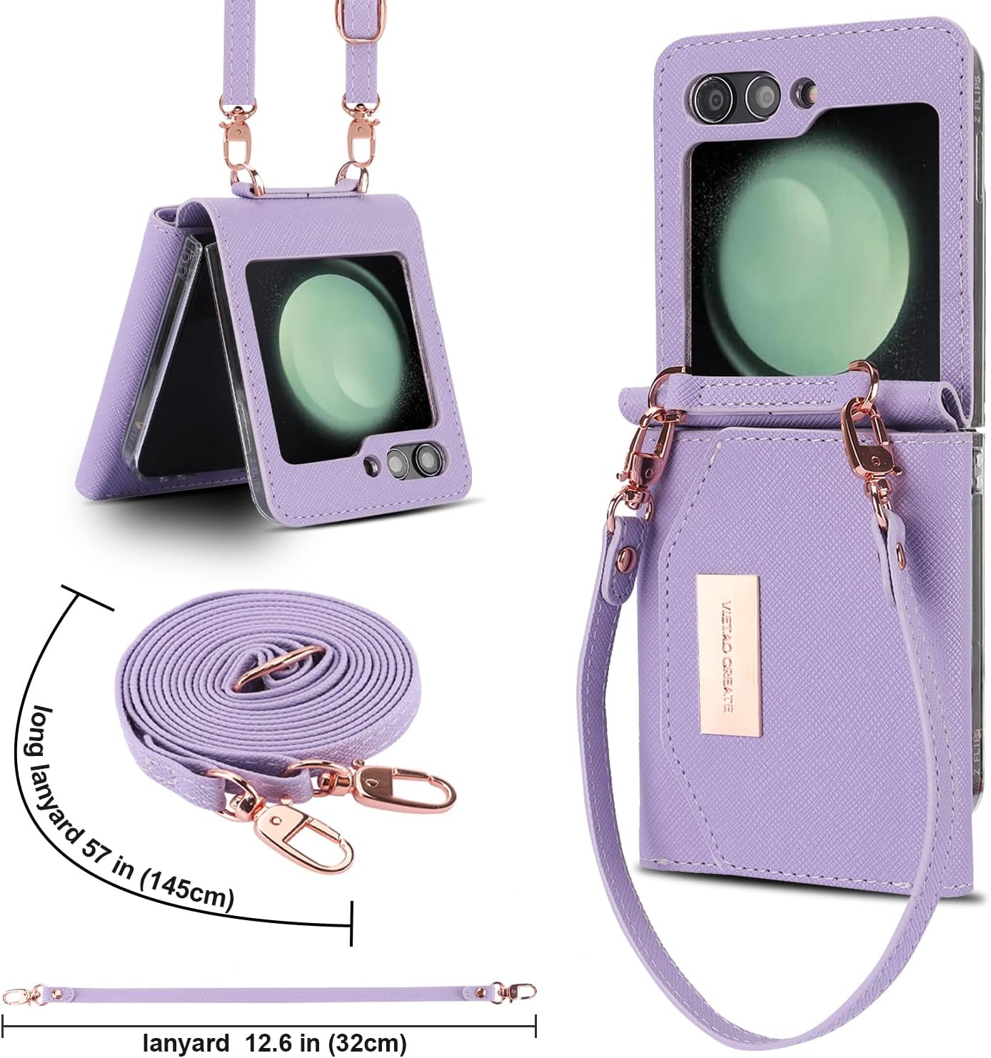 for Samsung Galaxy Z Flip 6 Wallet Case with Built-in Leather Cash Slot and Credit Card Holder. Wristlet Strap and Hinge Protection, Carrying Handbag Phone Case for Women Ladies.(Purple)