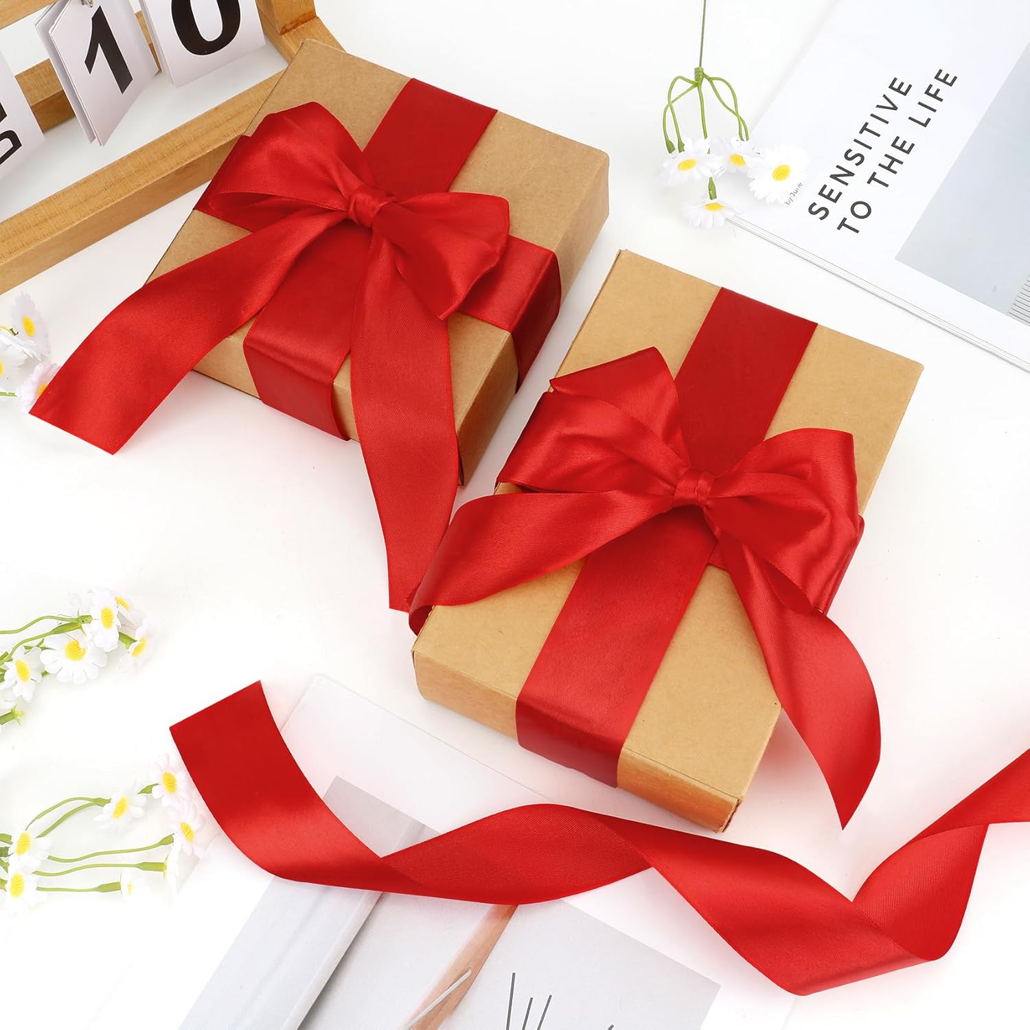 1-1/2 Inches Wide 100 Yards Red Satin Ribbon for Gift Wrapping Christmas Ribbon Solid Fabric Red Ribbons for Christmas Tree DIY Craft Hair Bows Making Flower Bouquets Wedding Valentines - Image 4