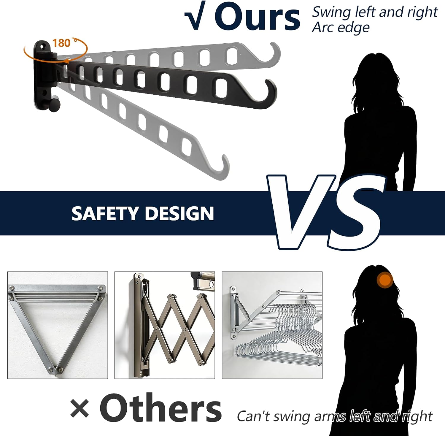 2 Pack Swing Arm Clothes Hanger Rack Wall Mount, Laundry Room Drying Rack with Swing Arm, 8 Holes and 180°Rotation, Swing Away Hanger Rack, Sturdy Hanging, Solid Aluminum (Black)