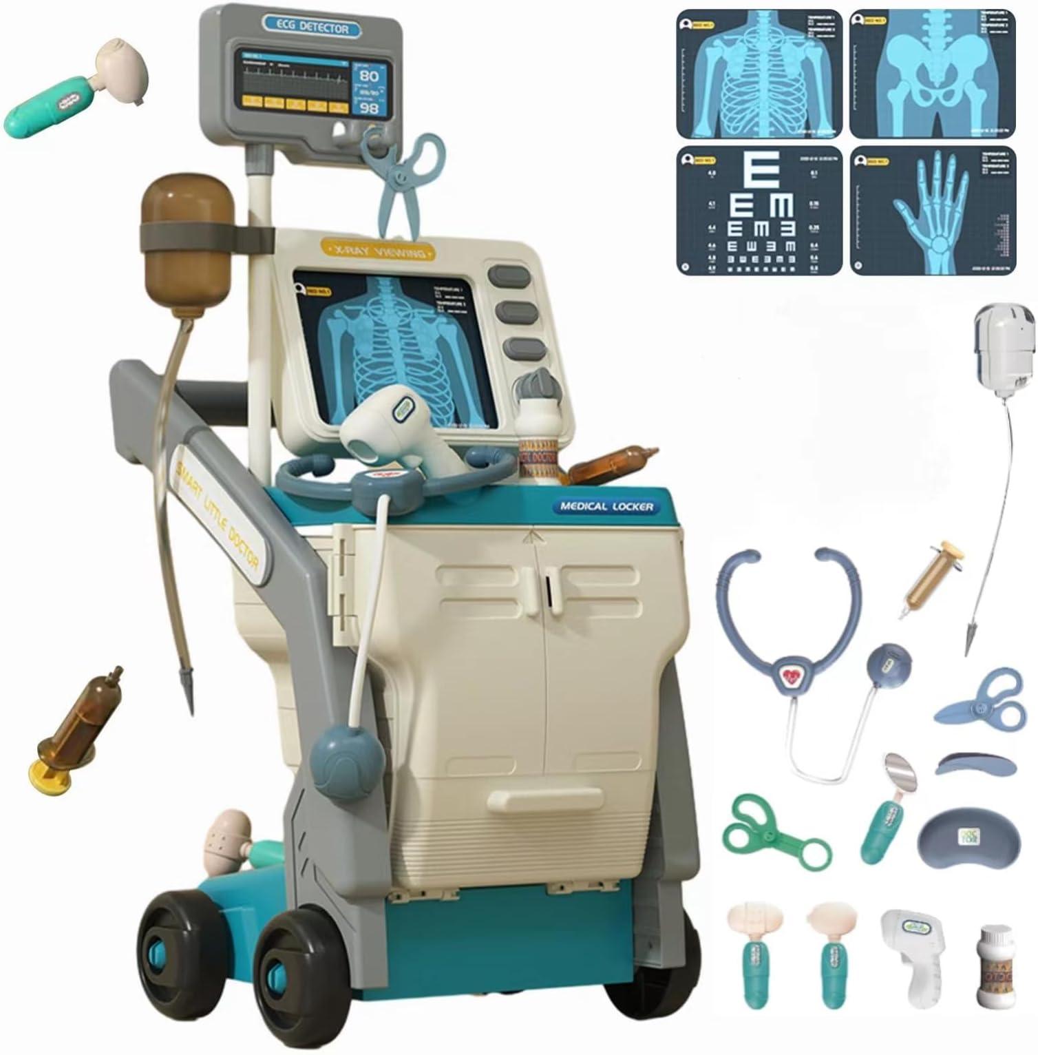TDOO Doctor Kit for Kids 16 Accessories Pretend Medical Station Set for Boys & Girls Mobile Cart with Stethoscope and Medical Toy Accessories for Ages 3 and Up Children Role Play Educational Toys