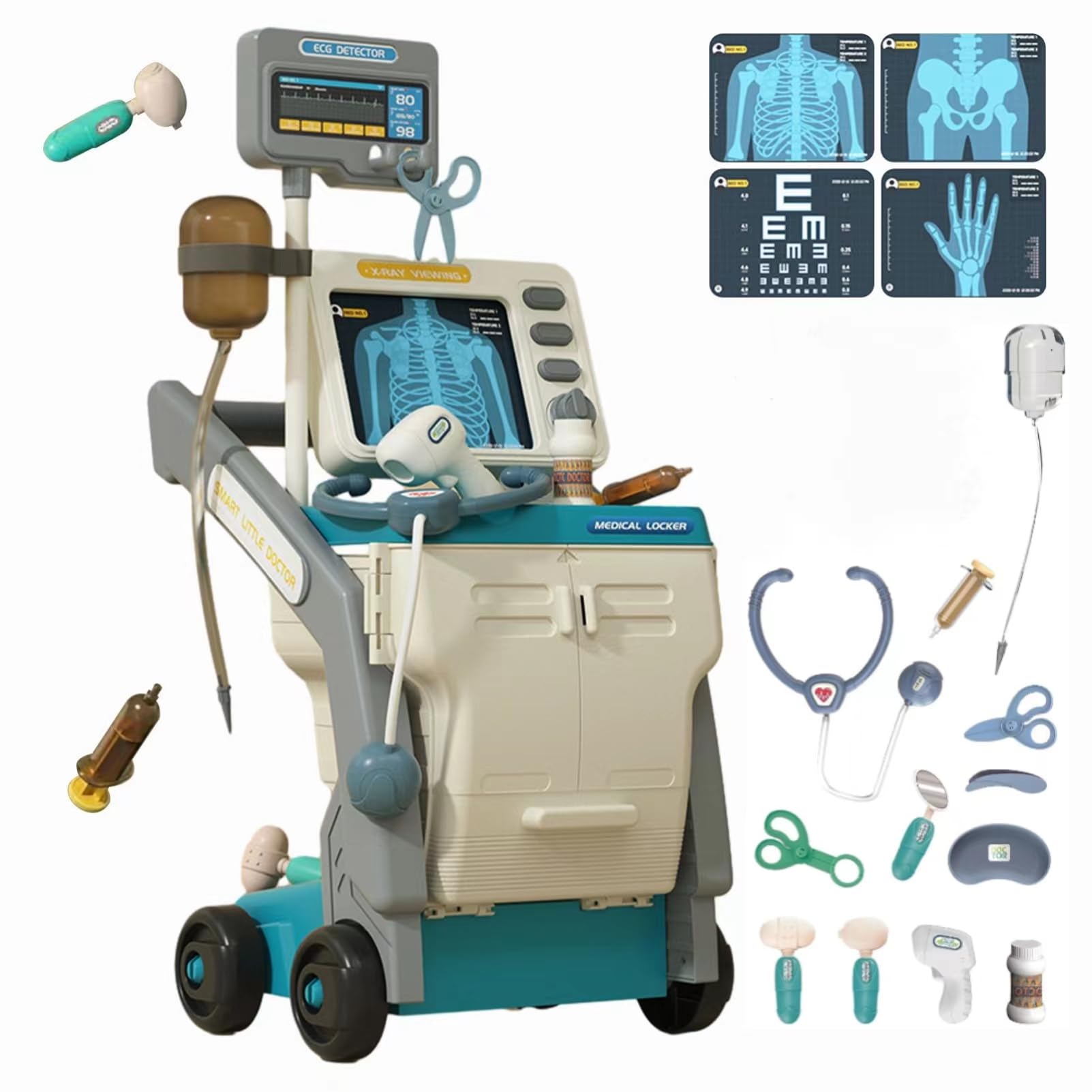 TDOO Doctor Kit for Kids 16 Accessories Pretend Medical Station Set for Boys & Girls Mobile Cart with Stethoscope and Medical Toy Accessories for Ages 3 and Up Children Role Play Educational Toys