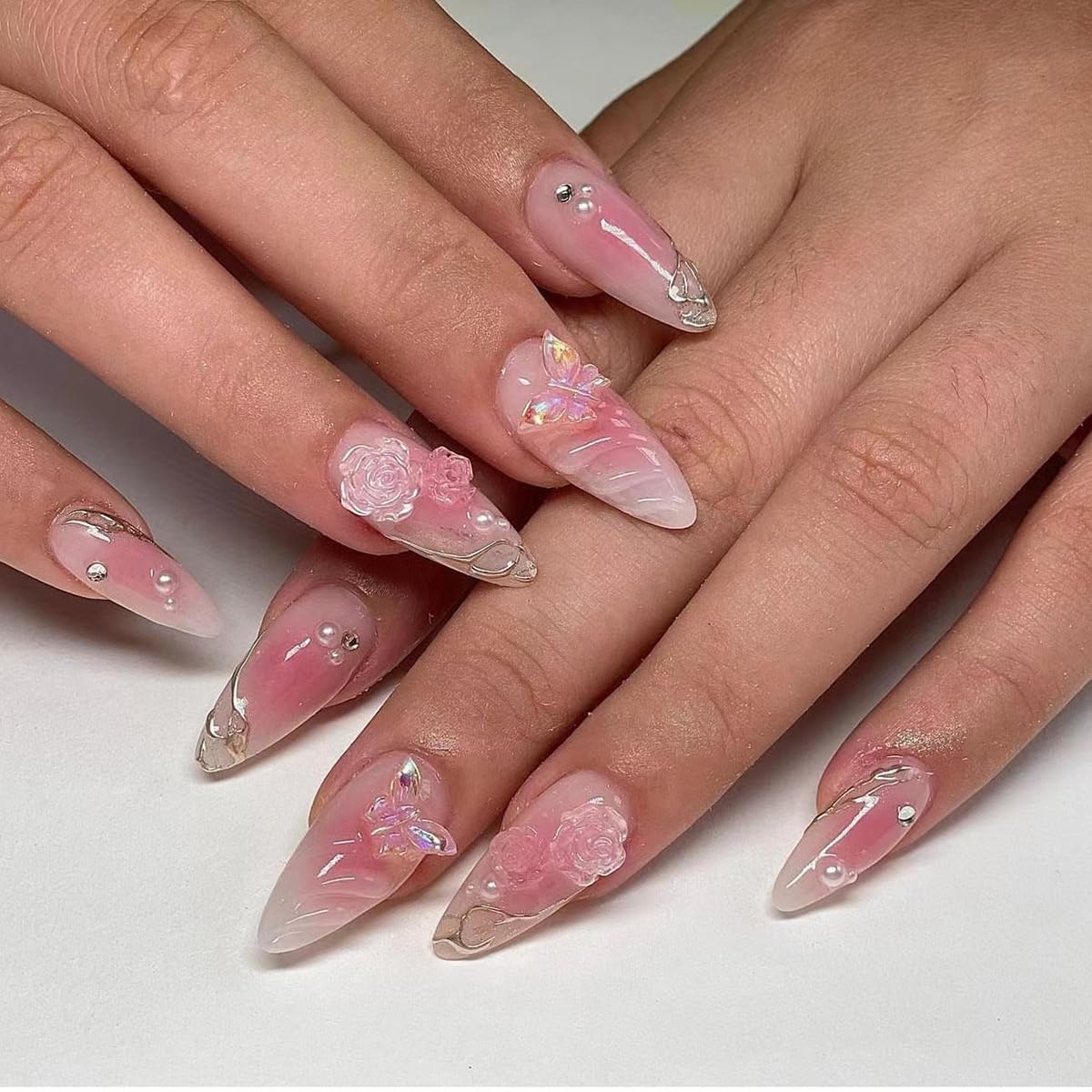 Press On Handmade Nails, 24pcs Exquisite Nail Design Incorporating Three-Dimensional Water Ripples, French-Style Rhinestones,Fake Acrylic Nails With Glue Kit.