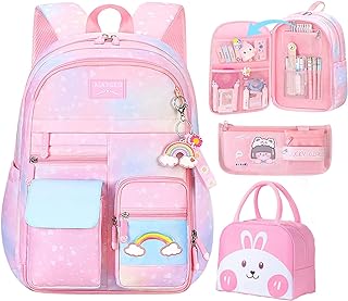 IHZZ Kawaii Backpack, Pink Backpack for Girls, Kid Starry Rainbow Bookbag, Cute Backpack for Kids, Aesthetic Backpack, Pink(3 PCS Set)