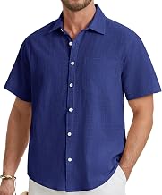 HISDERN Mens Short Sleeve Linen Shirts Casual Button Down Plain Shirt with Pocket for Summer Beach Regular Fit