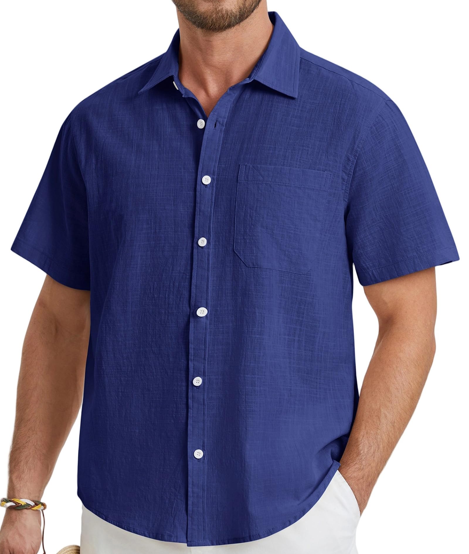 HISDERN Camicia da uomo a maniche corte, vestibilità regolare, casual, con bottoni, a contrasto interno, da lavoro, con tasca formale