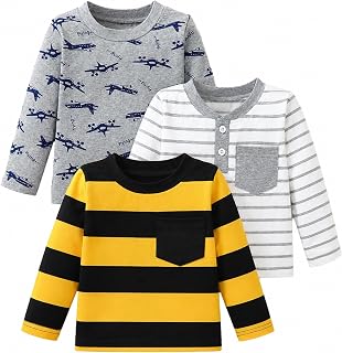 Jecson Toddler Boy Clothes Boys Long Sleeve Shirt 3-Pack Cotton Tees 12M-5Y | 3-pack toddler boy tees with soft stretch fabric, breathable comfort, fade resistant, shrink resistant, and lasting shape