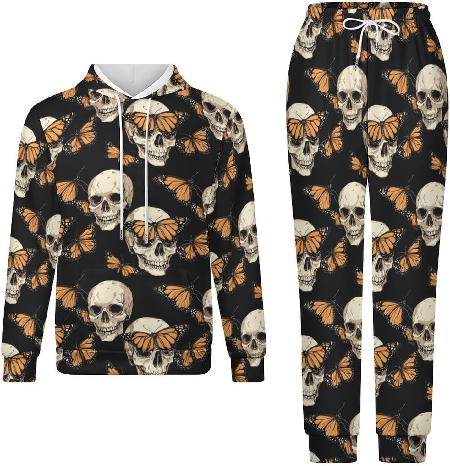 Skull Butterfly Men's Hooded Set Casual 2 Pieces Suits Pullover Tracksuit Hoodies And Sweatpants