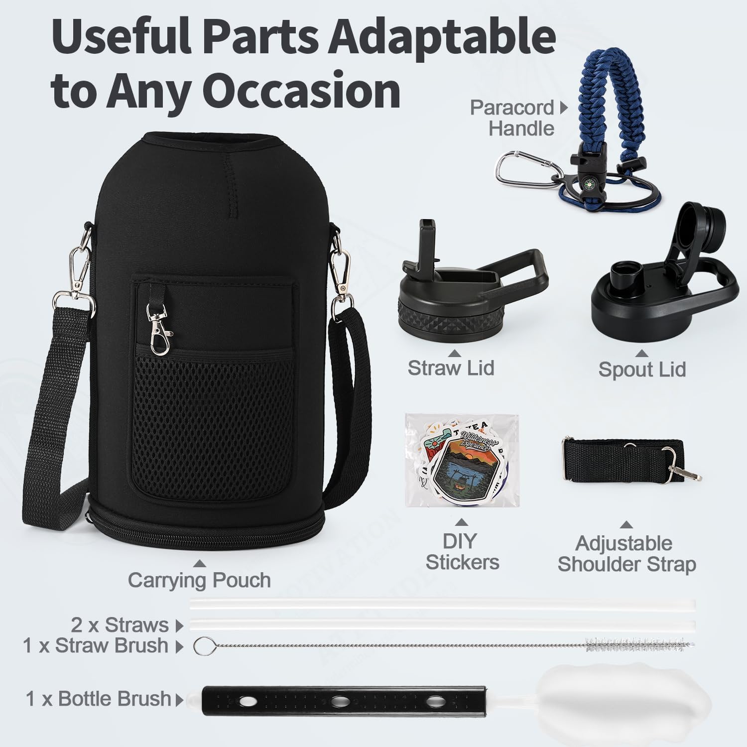 One Gallon Water Bottle Insulated, Triple Wall Vacuum Cold for 48 Hrs & Leak-proof & Non-BPA, 128oz Large Sports Stainless Steel Water Jug with Paracord Handle Straw Spout Lids & DIY Stickers - Image 7