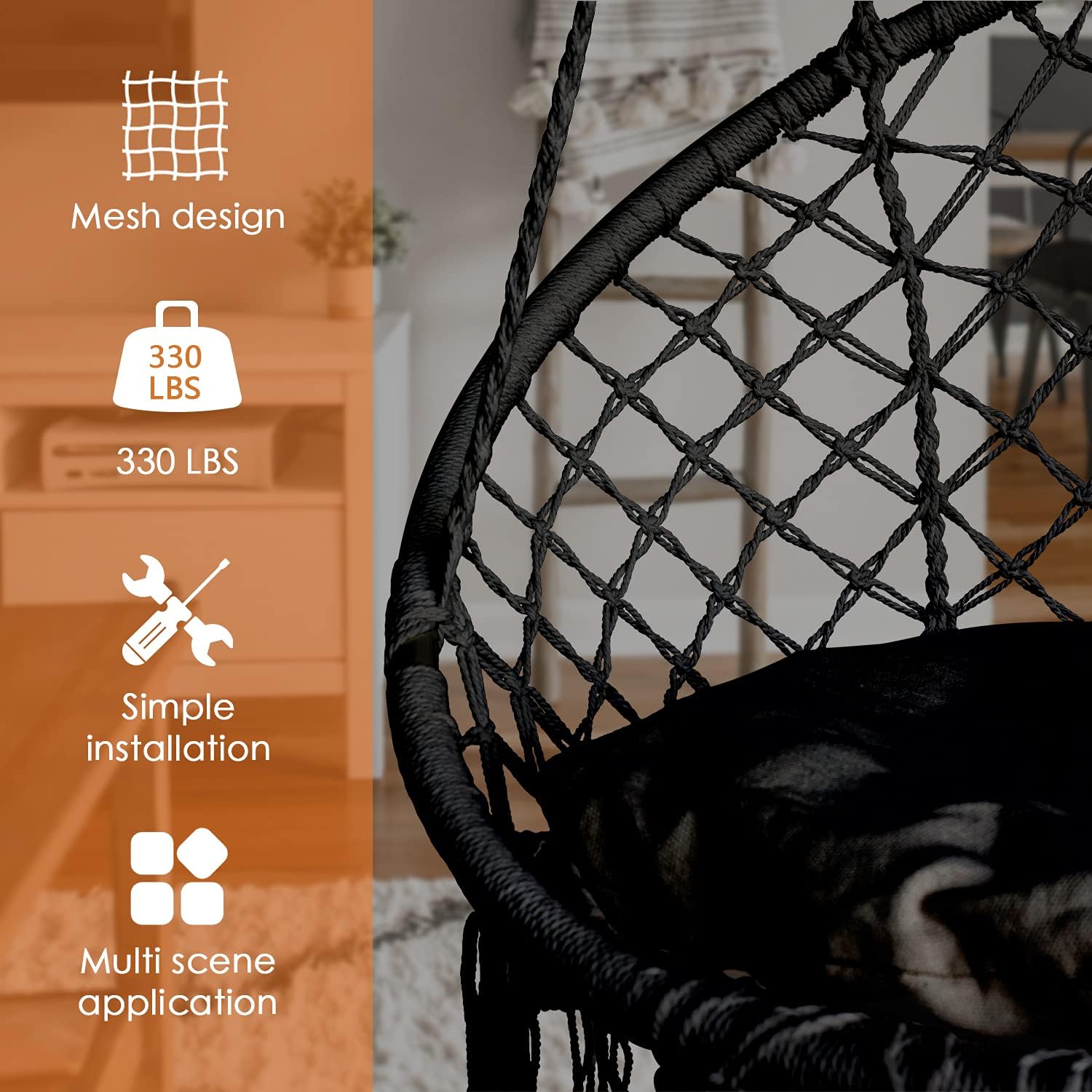 Hammock Chair Hanging Rope Swing with Hardware and Cushion, Handmade Knitted Mesh Hanging Chair with Macrame for Bedroom Patio Yard Garden, Max 330 Lbs, Black