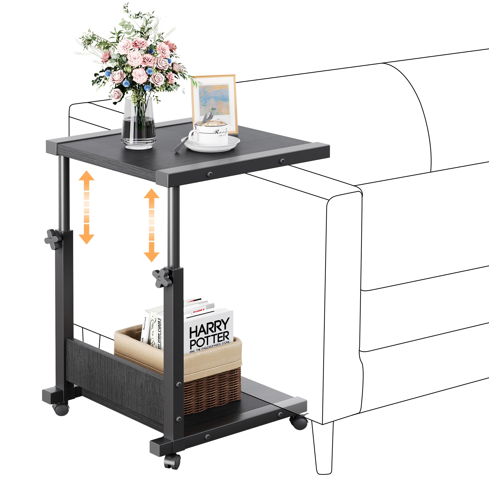 Furist Krankenhaus-Nachttisch mit Rollen, höhenverstellbar, Sofaseite, Rollbarer Krankenhaustisch, mobiler Computertisch, Laptoptisch für Wohnzimmer, Schlafzimmer & Büro, Schwarz