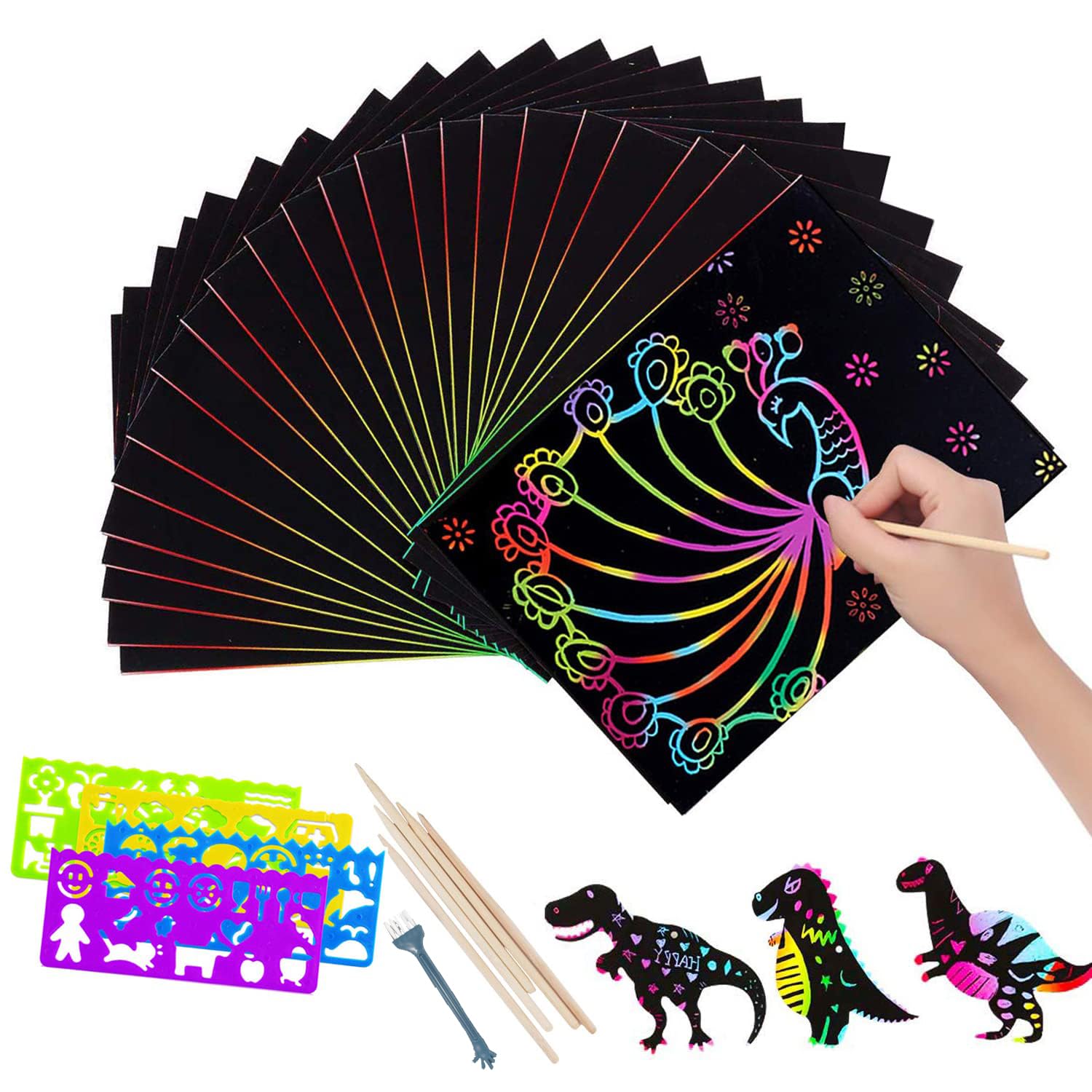 DesignBox 50 Sheets Scratch Art Paper Set for Kids, Scratch Off Paper Black Magic Rainbow Painting Boards with 5 Wooden Stylus and 4 Drawing Stencil Rulers and 1 Small Brush (Coloful)