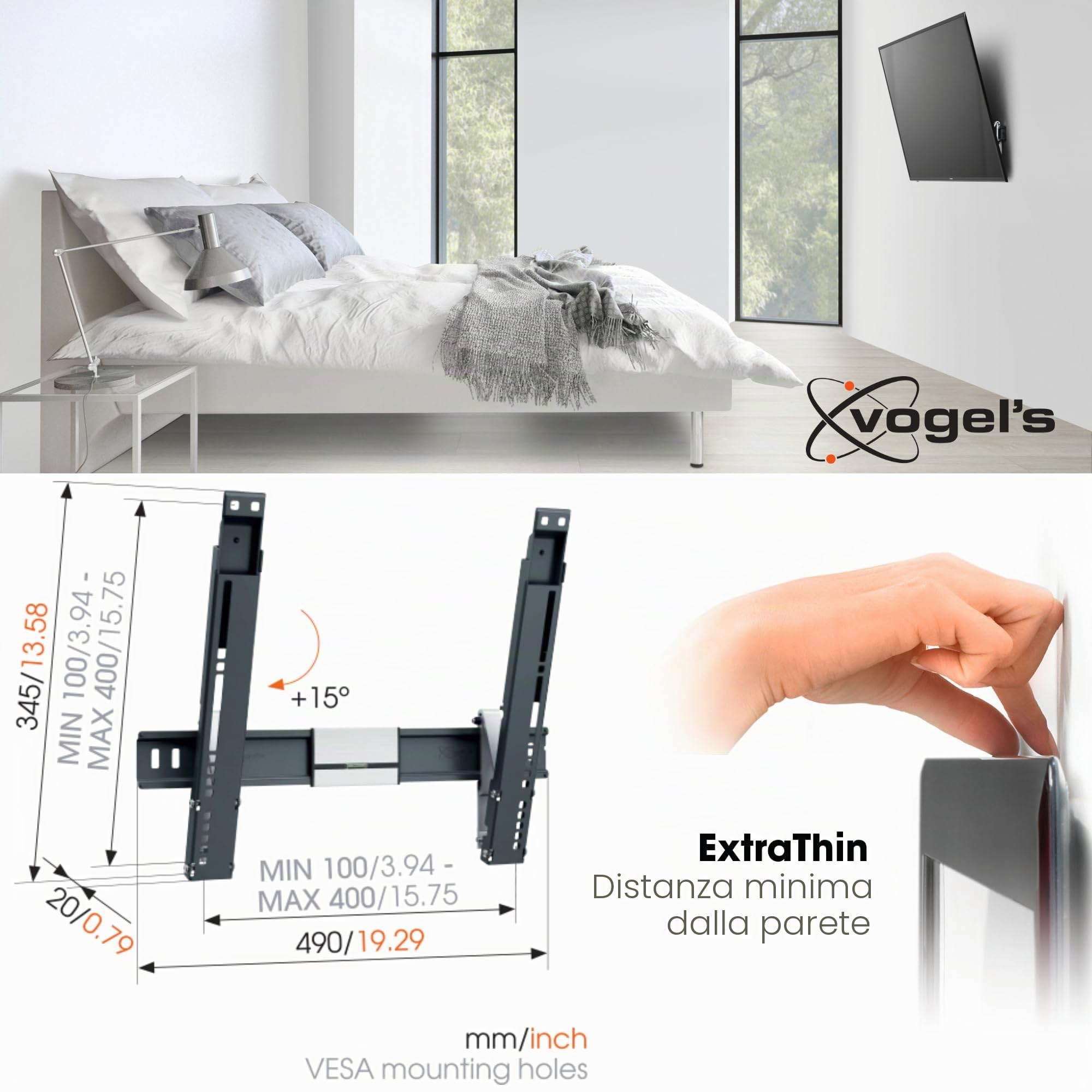 Vogel's THIN 415 Supporto da parete per TV | Inclinabile | Per TV da 26-55 (66-140 cm) Pollici | Max. 18 kg | VESA Max. 400x400 | Compatibilità universale | Certificazione TÜV
