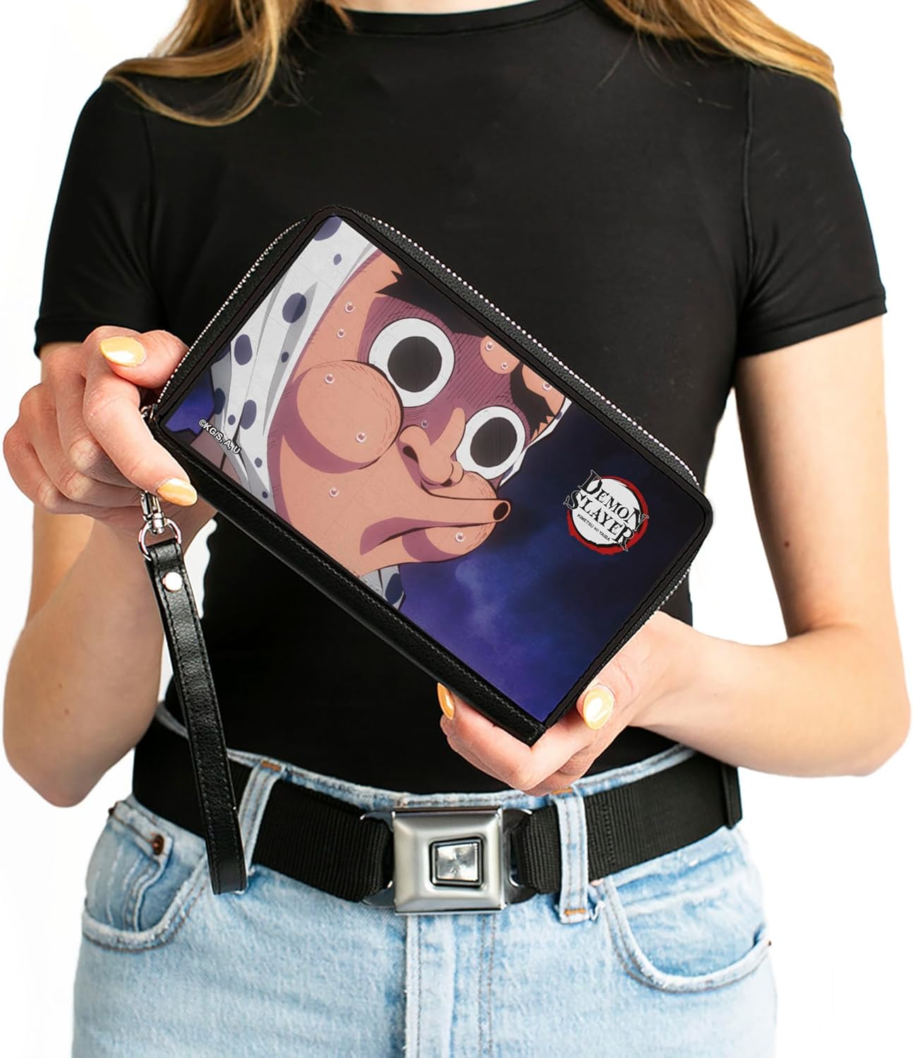 Buckle-Down Demon Slayer Wallet, Zip Around, Demon Slayer Hotaru Hyottoko Mask Pose Close Up Blues, Vegan Leather