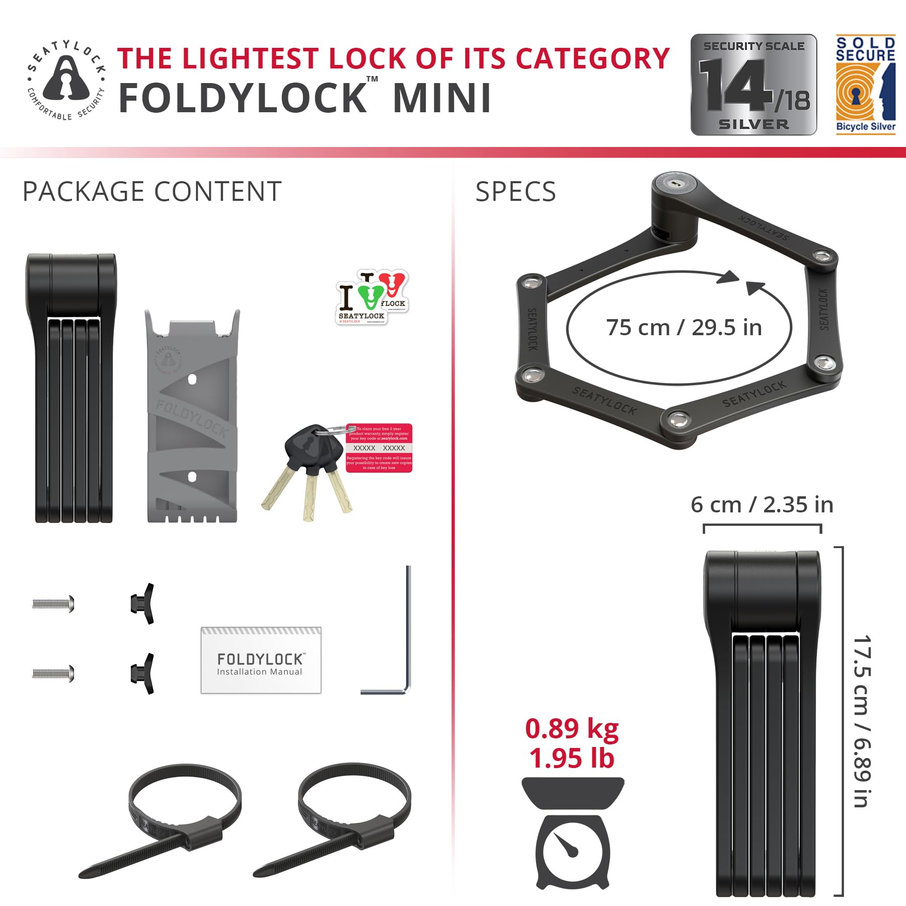 FoldyLock - Mini candado plegable para bicicleta, ligero patentado, protector antirrobo resistente con llave para scooter eléctrico y bicicletas de ciudad, 74 cm