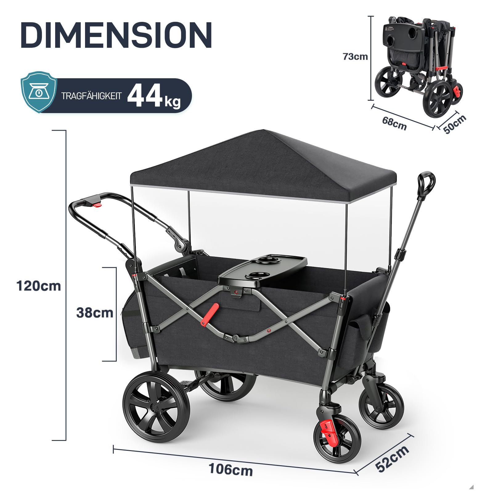 EVER ADVANCED Bollerwagen für 2 Kinder Faltbar mit Dach, Kinderwagen 2x5 Punkt Sicherheitsgurt mit Wickelrucksack, Bollerwagen mit Sitz, Handwagen Transportwagen, Ziehen & Schieben, Fußbremse
