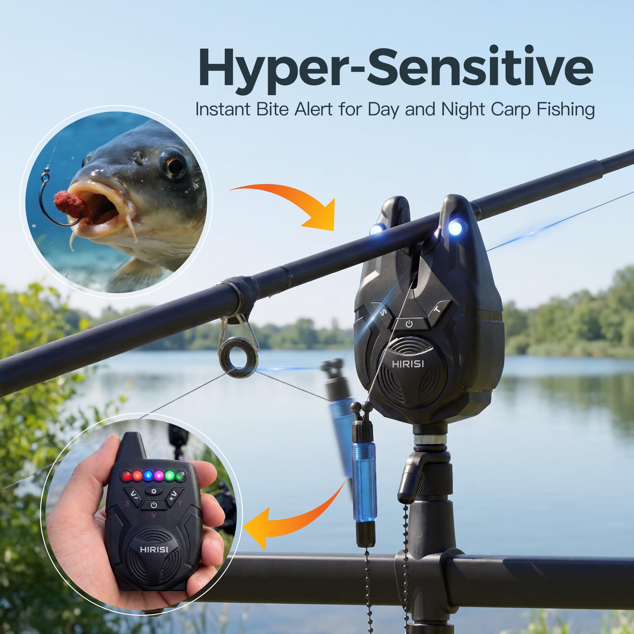 Hirisi Tackle Bissanzeiger Angeln Mit Funk 1+4 Set Wasserdichtes Karpfenangeln Alarm Set (FBA-S9-4)