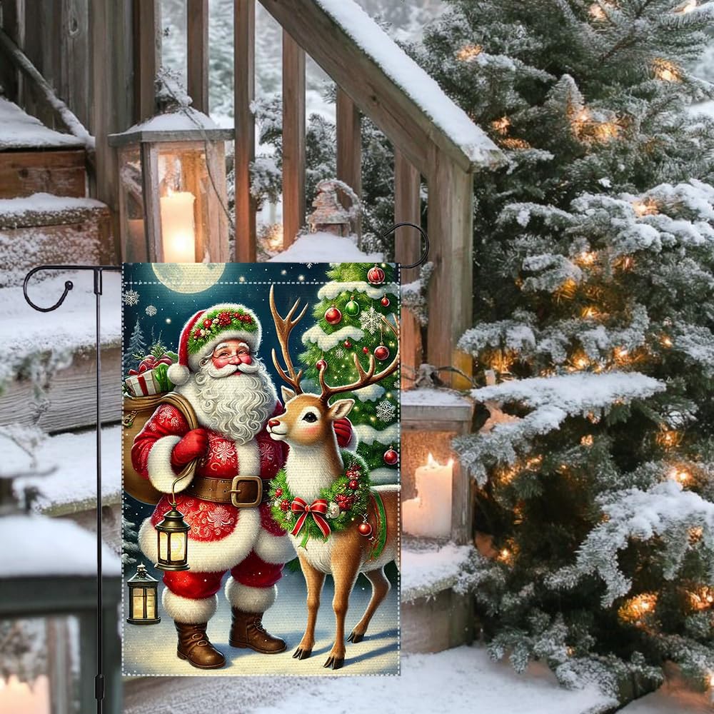 Christmas Santa and Reindeer Garden Flag 12x18 Inch Double Sided Burlap Holiday Yard Banner for Outdoor Lawn Porch Patio Winter Seasonal Decoration Christmas Tree - Image 9