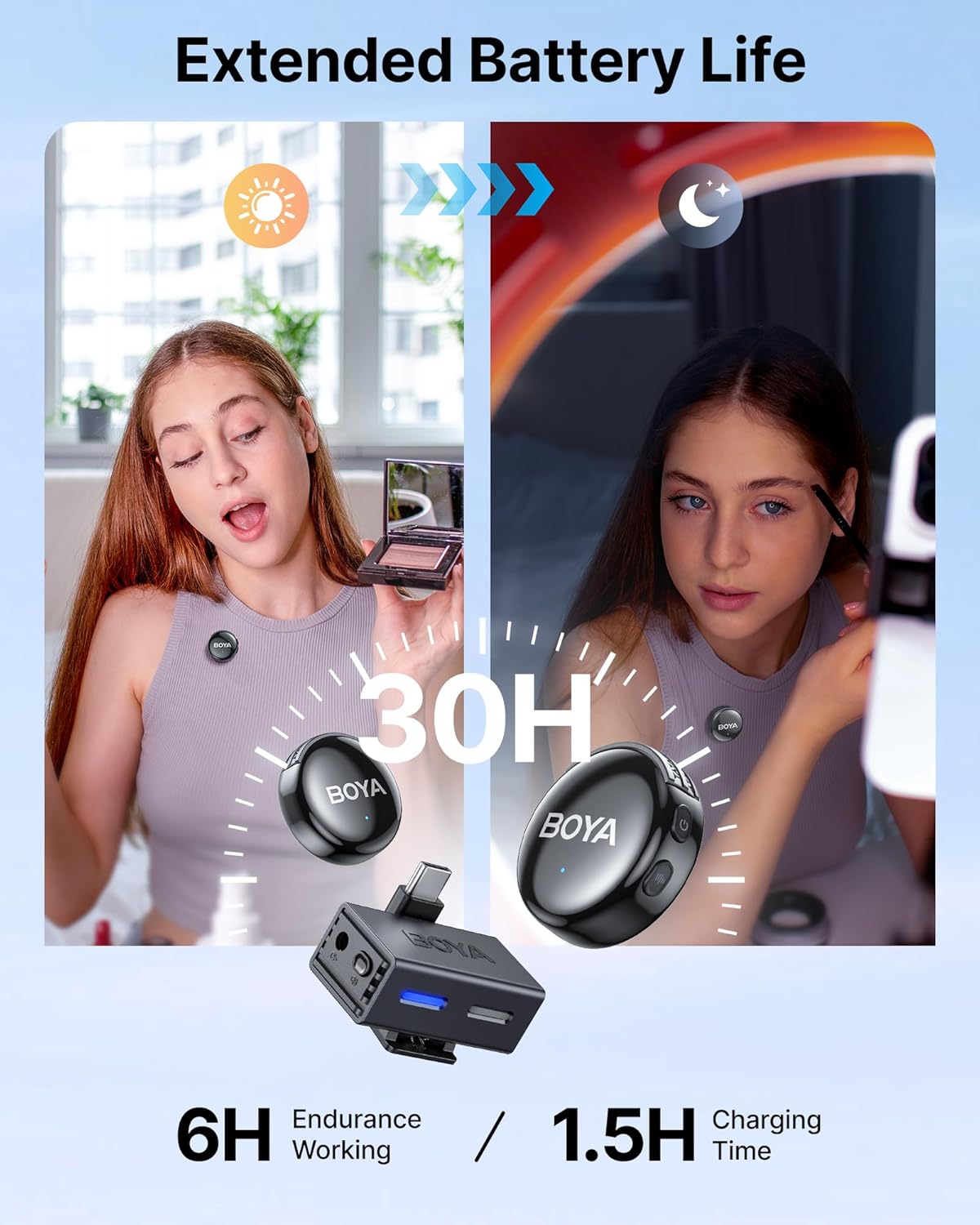 Cutaway diagram of the BOYA BOYALINK 3 microphone showing its internal components for professional-grade audio recording, highlighting 48kHz/24bit resolution and high SNR.