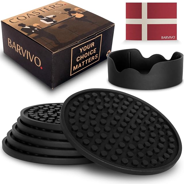 Barvivo Drink Coasters Set of 6 w/Holder - Tabletop Protection for Any Table Type, Wood, Granite, Glass, Soapstone, Sandstone, Stone Tables - Perfect Soft Silicone Coaster Fits Any Drinking Glass