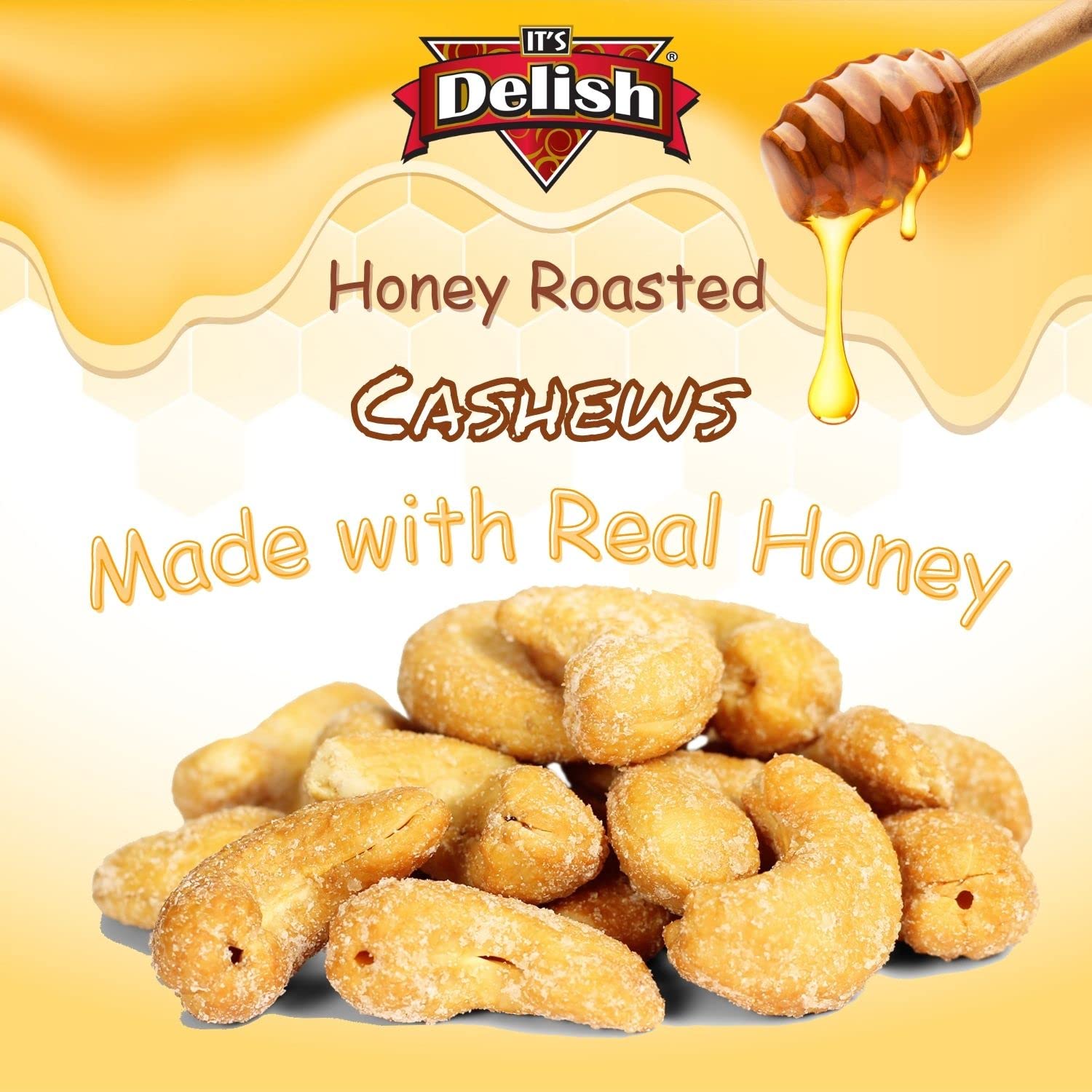 Honey Roasted Cashews by It's Delish, 36 Oz Reusable Jumbo Container | Gourmet Cashew Nuts in Honey Sugar Coating, Sweet & Heart Healthy Salted Nut, Kids Snack - Non-Dairy, Kosher Parve