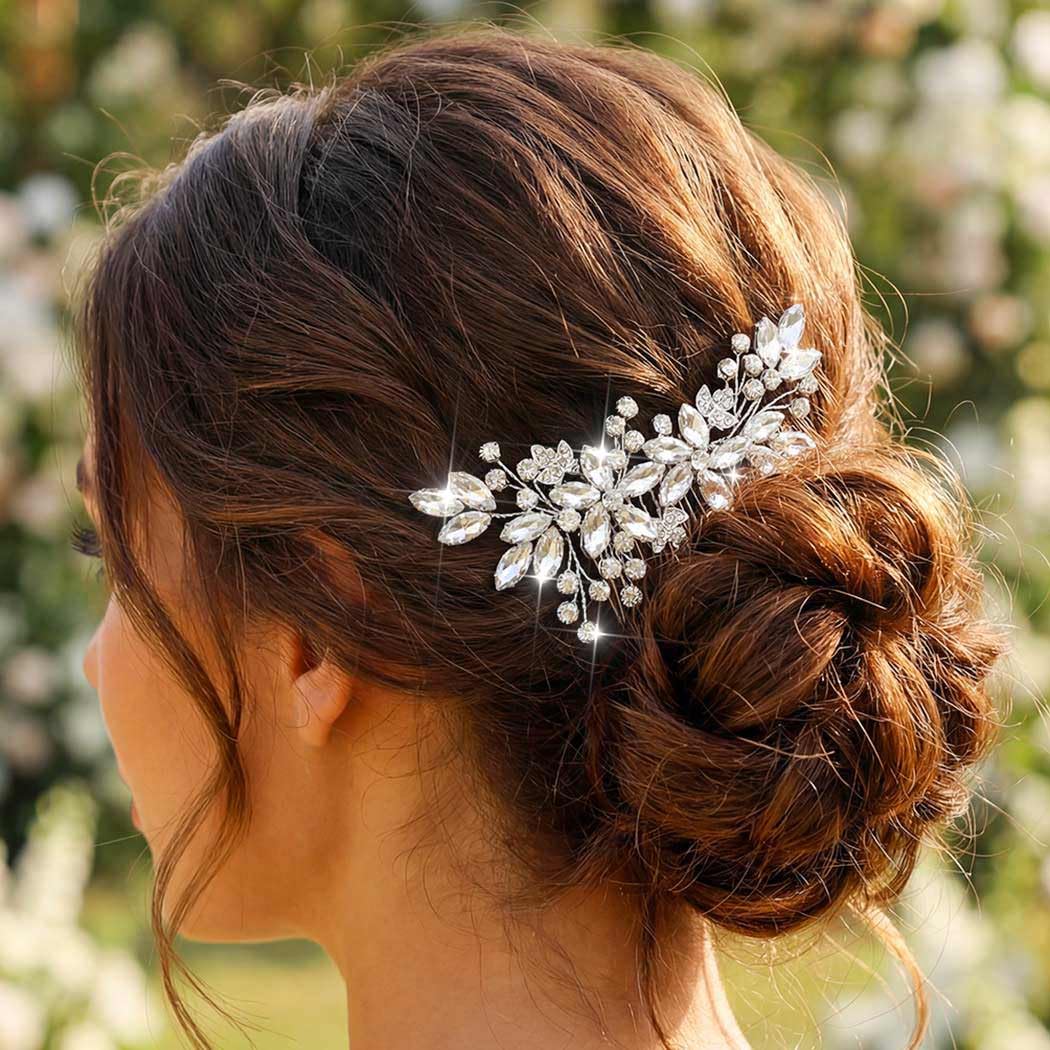 CASDRE Rhinestone Wedding Hair Comb Silver Crystal Hair Piece Leaf Hair Accessories for Women (Silver)
