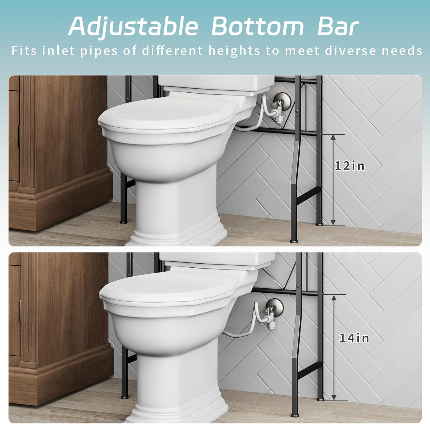 Over The Toilet Storage Shelf - 3-Tier Adjustable Black Metal Bathroom Organizer (21.6”-26.8") No Drilling Required, Space-Saving with Paper Holder & 4 Hooks for Small Spaces