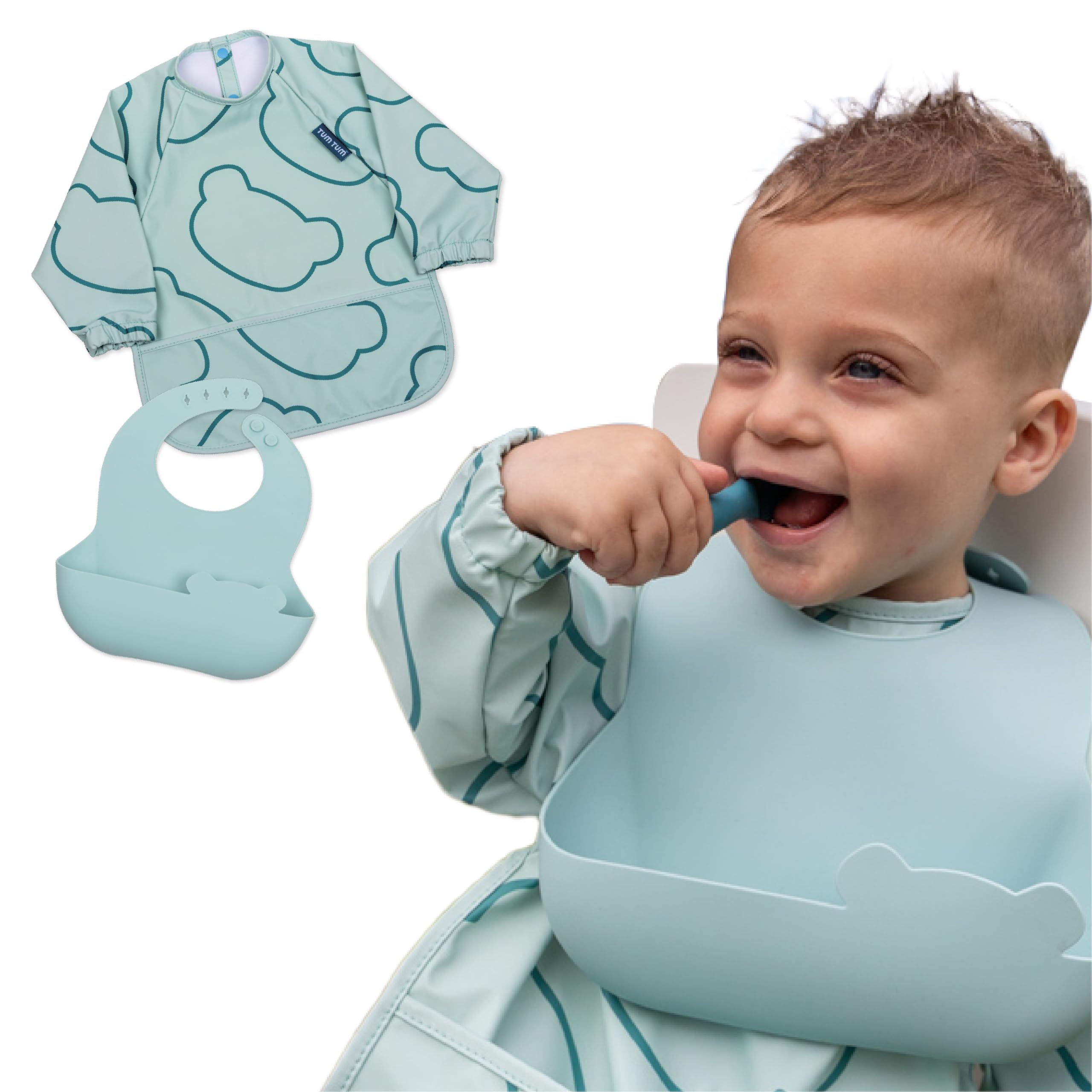 TUM TUM Double Up Baby Bibs Set, inc Long Sleeved Baby Coverall Bib and Silicone Baby Bib, Waterproof and Easy Wipe Clean