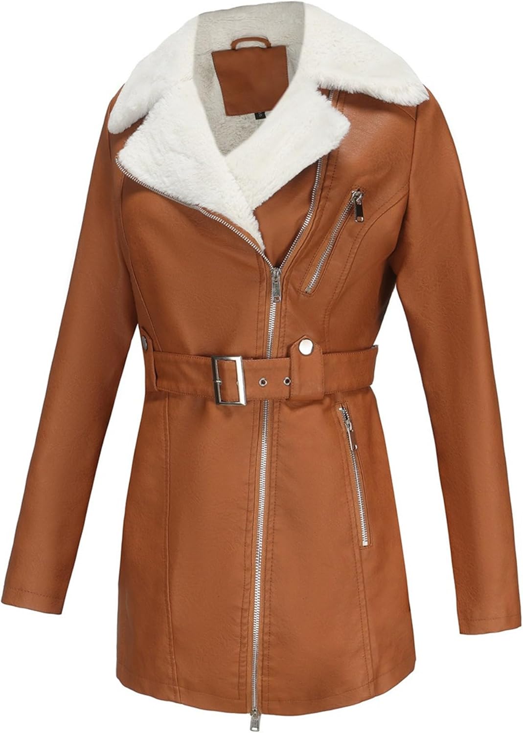 Women's Faux Leather Warm Mid-Length Coat Belt Zipper Thicken Coat Jacket Lined Fashion Winter Outerwear