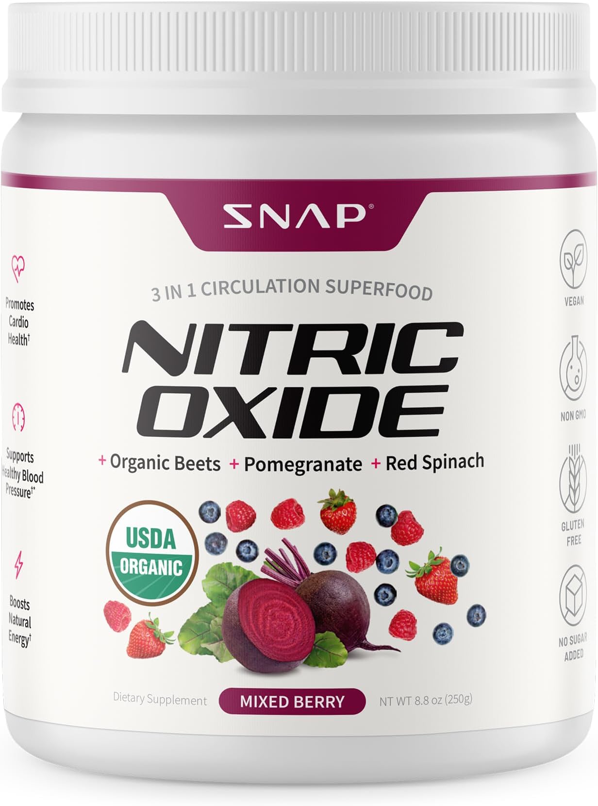 Snap Supplements Organic Beet Root Powder Nitric Oxide Supplement for Men & Women, Red Spinach & Pomegranate, Supports Healthy Energy & Blood Pressure Already in Normal Range, 30 Servings, Mixed Berry