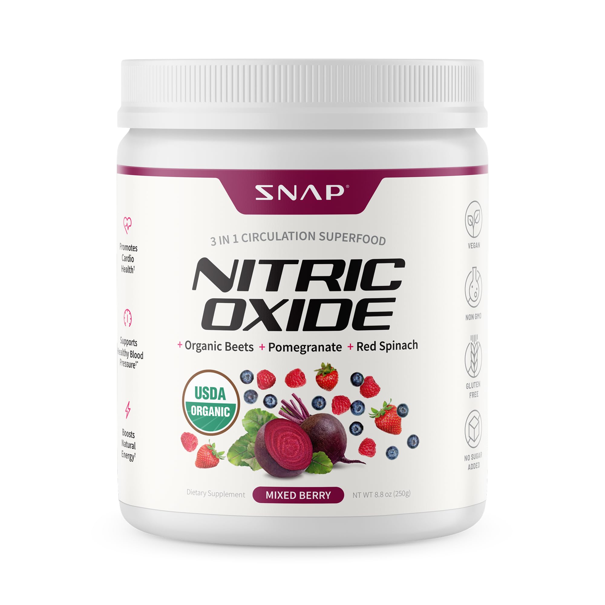 Snap Supplements Beetroot Powder, Cardiovascular Superfood, Organic Beetroot, Red Spinach, and Pomegranate, 30 ServingsUSDA Organic