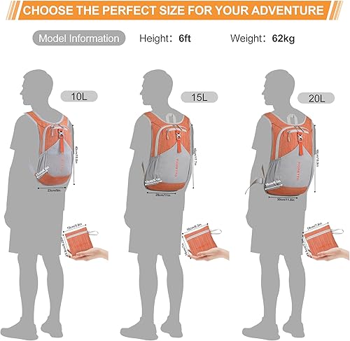 Miniatura 42 de FIORETTO Mochila de senderismo de 15L para mujeres y hombres, mochila mini plegable, ligera, pequeña mochila de día para camping, viaje, al aire